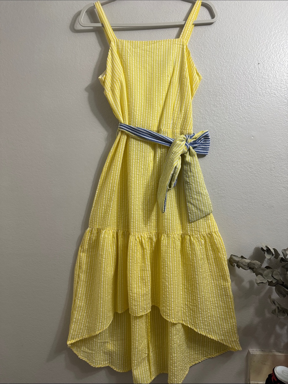 Glamour Yellow High-Low Sundress with Blue-Striped Tie